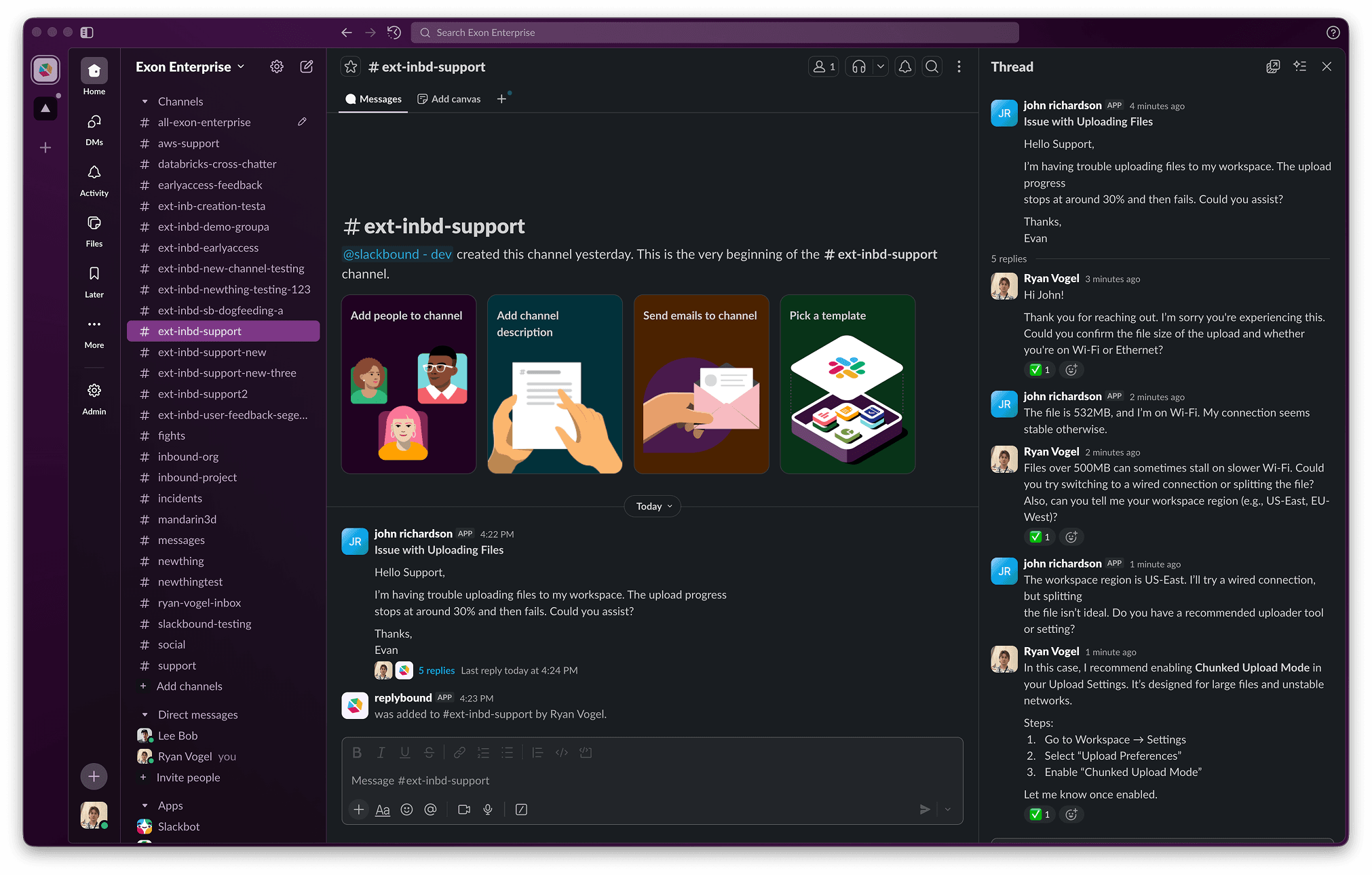 A Slack channel with an email thread open on the right