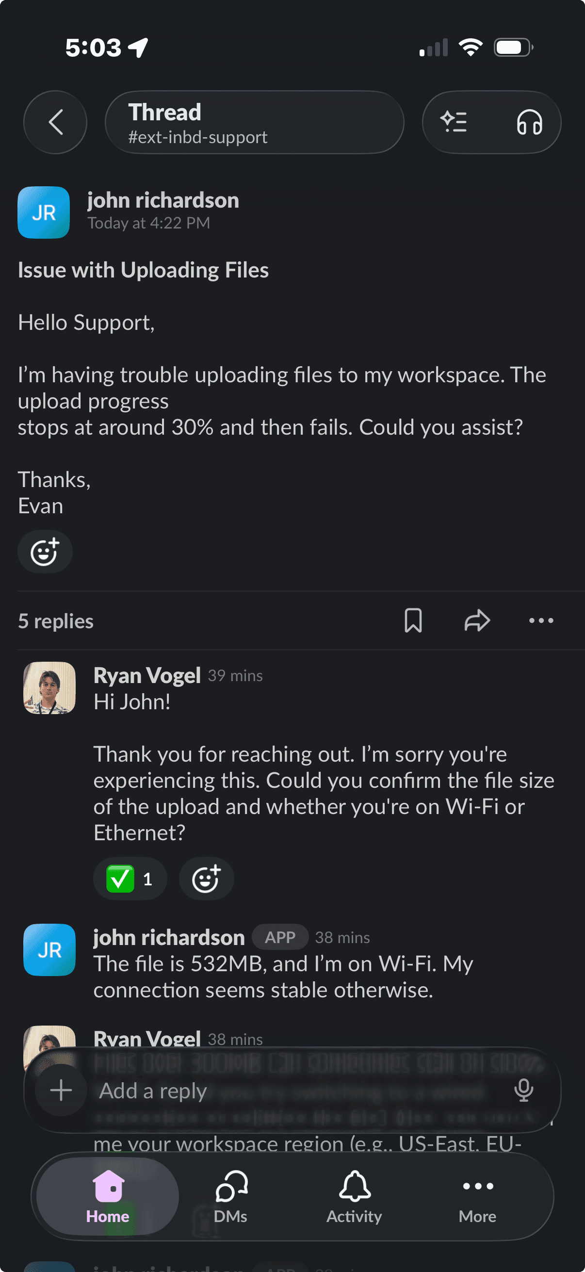 An email thread in the Slack mobile app